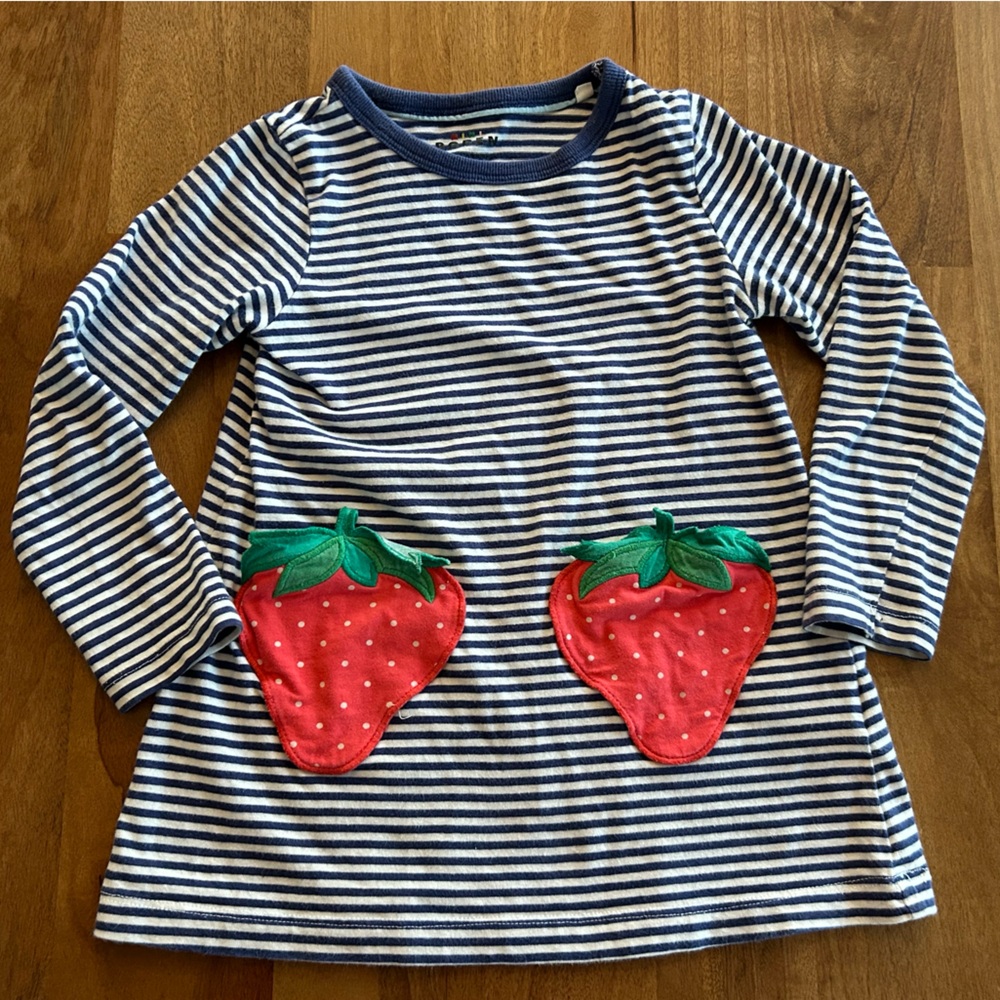 Mini Boden Navy & White Striped Long Sleeve Top with Red Strawberry Pockets